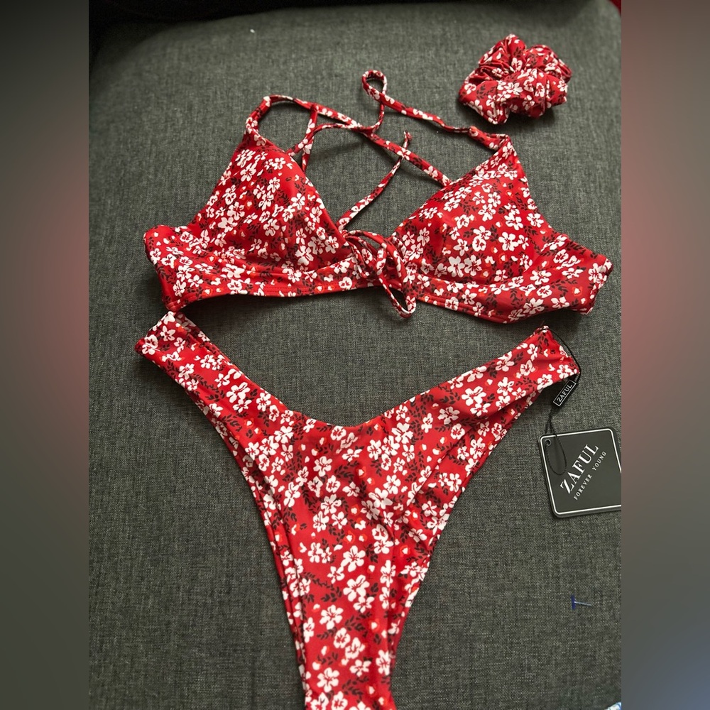 Zaful Red Floral Bikini Set3pcs